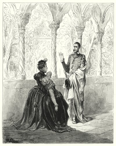 Gustave Dore Don Quijote: "Imádkozz, Lord Don Quijote, vonulj vissza, mert ez a szegény fiatal teremtmény nem jön magához, amíg itt vagy" (metszet) alkotó: Gustave Dore