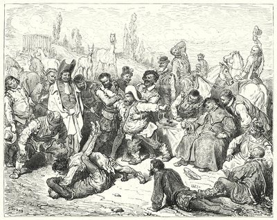 Gustave Dore Don Quijote: "Egyedül Sancho Panza volt dühös, halálra idegesítette magát, és tombolt, mint egy őrült" (metszet) alkotó: Gustave Dore