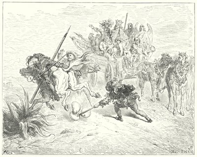 Gustave Dore Don Quijote: "A darab bolondja feljött a morrise harangjaival csapkodva" (metszet) alkotó: Gustave Dore