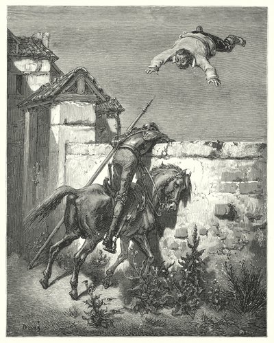 Gustave Dore Don Quijote: "Minél többet viharzott, annál többet hánykolódtak és nevettek" (metszet) alkotó: Gustave Dore
