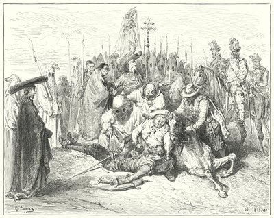 Gustave Dore Don Quijote: "A zsellér hangjának ijesztő akcentusai végre Don Quijote-nak nevezték önmagát" (metszet) alkotó: Gustave Dore