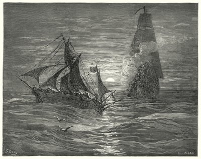 Gustave Dore Don Quijote: "A szél alatt két fegyvert lőttek ránk" (metszet) alkotó: Gustave Dore