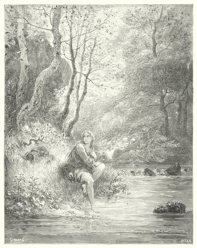 Gustave Dore Don Quijote: „Egy vidéki szokás szerint kémleltek egy fiatalt, aki egy szikla lábánál ült egy kőrisfa mögött” (metszet) alkotó: Gustave Dore