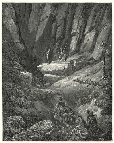 Gustave Dore Don Quijote: "Körülbelül háromnegyed bajnokságot mentek, majd a sziklák között megpillantották Don Quijotét, aki ekkorra már felvette a ruháit, bár nem a páncélját" (metszet) alkotó: Gustave Dore
