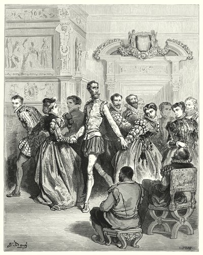 Gustave Dore Don Quijote: „Két hölgy főként Don Quijote előtt vonult be” (metszet) alkotó: Gustave Dore