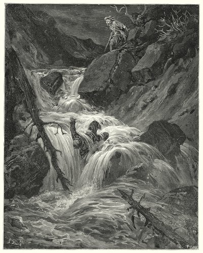 Gustave Dore Don Quijote: "A kevés erővel lenyomtam őt egy szakadékba, ahol hagytam" (metszet) alkotó: Gustave Dore