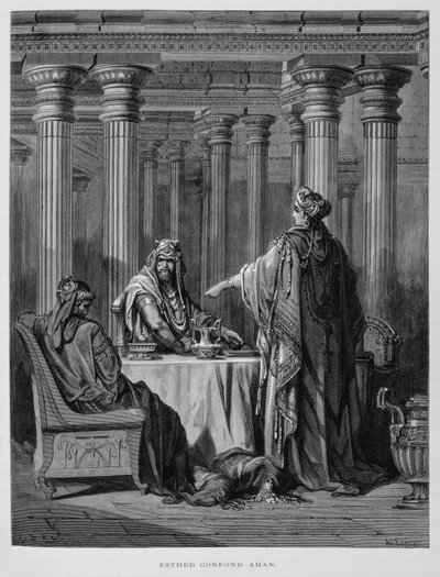 Hámánt feljelenti Eszter királynő, Illusztráció a Dore Bibliából alkotó: Gustave Dore