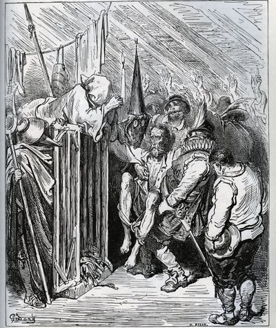 Hogyan lehet megszabadulni Don Quijotetól. A szállodai bolt emberei úgy döntöttek, hogy bezárják azáltal, hogy elhitetik vele egy új varázslatban és egy új lovagias próbatételben - Miguel Cervantes (1547-1616) „Don Quijote de la Mancha” című művéből (Don Q alkotó: Gustave Dore