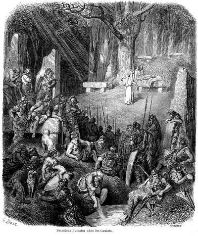 Emberáldozat a galloknál - druidák, dolmen, menhir - Gustave Dore metszete Ch. Lahure "L