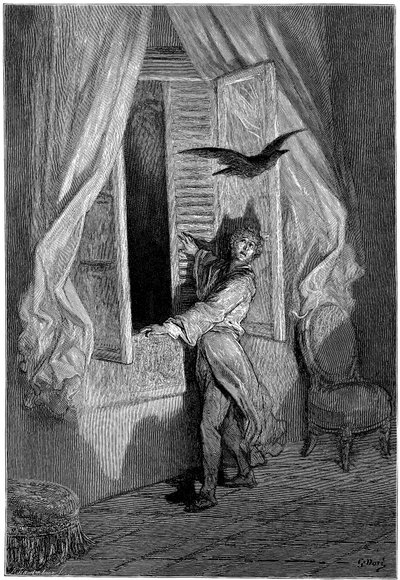 Gustave Dore (1832-1883) illusztrációja Edgar Allan Poe "A holló" (The Raven) című novellájához. Ezt a sorozatot Dore 1883-ban, halála évében fejezte be, így ez az egyik legfrissebb műve. alkotó: Gustave Dore