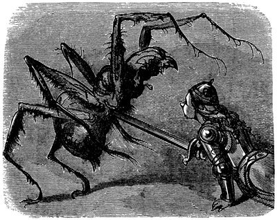 Gustave Dore (1832-1883) illusztrációja Ernest Lepine "La legende de Croquemitaine" (1863) című könyvéhez - A karddal egy gigantikus páncélos ellen vívott harc képe előtt nem lehet nem gondolni Frodó és Aragne csatájára Tolkien könyvében. alkotó: Gustave Dore