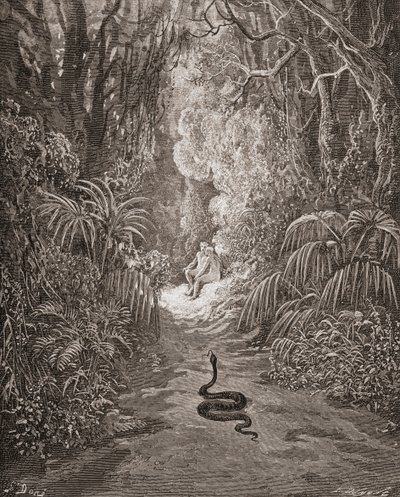 Gustave Dore 1832-1883 francia művész és illusztrátor illusztrációja John Milton Elveszett Paradicsom IX. könyvének 434. és 435. sorához. alkotó: Gustave Dore