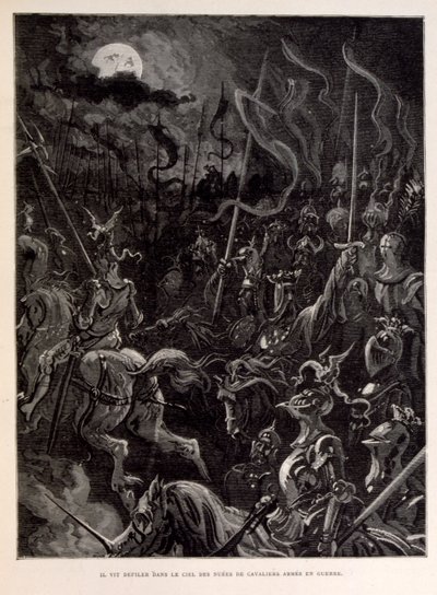 Illusztráció: Lovagok csatában egy holdfényes estén. alkotó: Gustave Dore