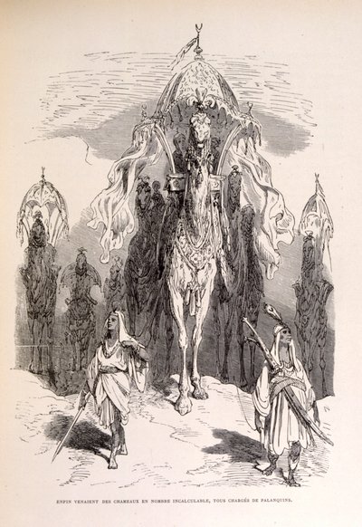 Illusztráció egy keleti tevevonatról, szolgákkal és kocsival. alkotó: Gustave Dore