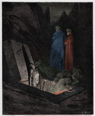 Inferno, 10. ének: Farinata degli Uberti megszólítja Dantét, illusztráció Dante Alighieri "Isteni színjátékából", 1885 alkotó: Gustave Dore