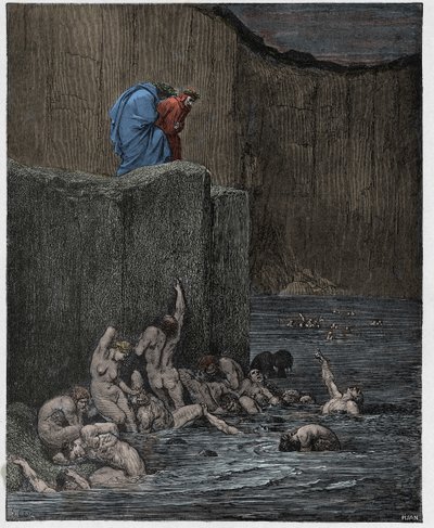 Inferno, 18. ének: Paramours és hízelkedők a nyolcadik körben, illusztráció Dante Alighieri "Isteni színjátékából", 1885 alkotó: Gustave Dore