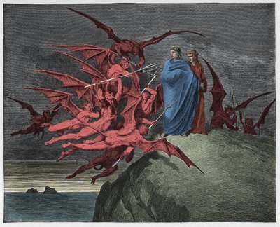 Inferno, 21. ének: A démonok Vergiliust fenyegetik, illusztráció Dante Alighieri "Isteni színjátékából", 1885 alkotó: Gustave Dore