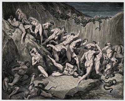 Inferno, 24. ének: A kígyók által megkínzott tolvajok, illusztráció Dante Alighieri "Isteni színjátékából", 1885 alkotó: Gustave Dore