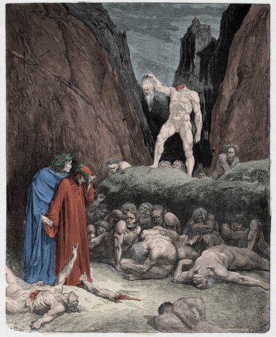 Inferno, 28. ének : Bertran de Born levágott feje beszél Dantéhoz, illusztráció Dante Alighieri "Isteni komédiájából". alkotó: Gustave Dore