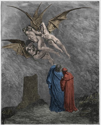 Inferno, 9. ének: Az undorító Erinyék: Megaera, Tisiphone, Alecto alkotó: Gustave Dore