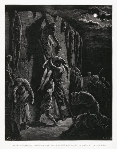 A jabes-gileádiak visszaszerzik Saul és fiai holttestét, illusztráció a Dore Bibliából. alkotó: Gustave Dore