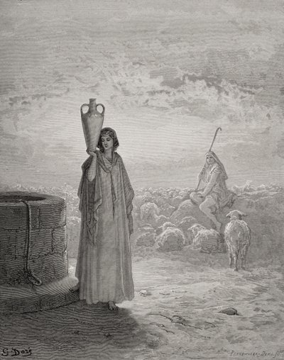 Jacob, aki Lábán nyáját tartja, illusztráció Dore „The Holy Bible” című könyvéből, Pannemaker vésette, 1866 alkotó: Gustave Dore