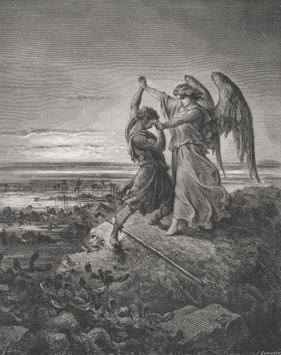 Jákob birkózik az angyallal, 1Mózes 32:24-32, illusztráció Dore „The Holy Bible” című művéből, Laplante metszete, 1866 alkotó: Gustave Dore