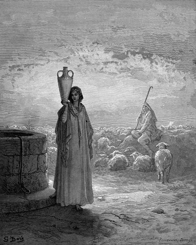 Jákob, aki Lábán nyájait tartja, meglátja Ráhelt a kútnál, 1866 alkotó: Gustave Dore