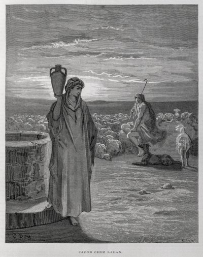 Jákob meglátja Ráhelt Lábán házának kútjánál, Illusztráció a Dore Bibliából. alkotó: Gustave Dore