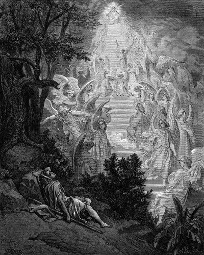 Jacobs egy mennybe vezető lépcsőről álmodik, tetején Istennel, 1865-1866 alkotó: Gustave Dore