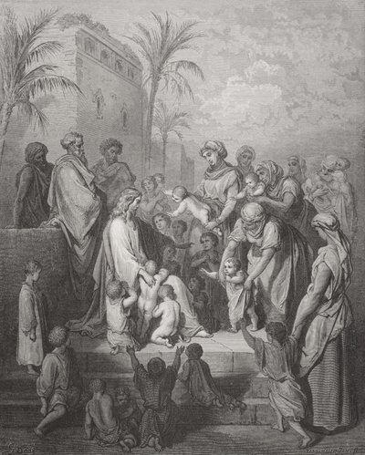 Jézus megáldja a gyermekeket, illusztráció Dore „The Holy Bible” című művéből, Pannemaker metszete, 1866 alkotó: Gustave Dore