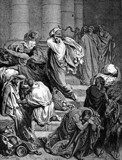 Jézus Krisztus üldözi a templom kereskedőit. Gustave Doré illusztrációja. alkotó: Gustave Dore