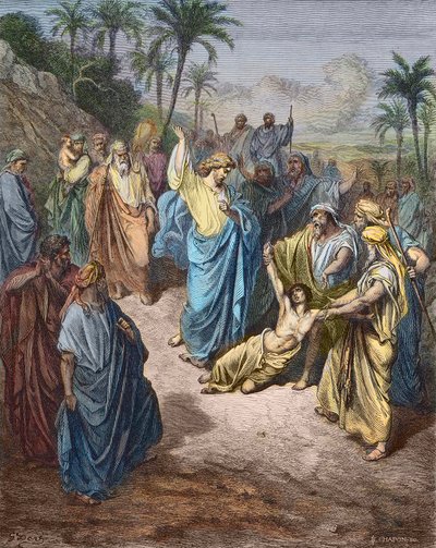 Jézus Krisztus a démon fiatal megszállottja ellen harcol - Jézus meggyógyítja az őrültet - Színes gravírozás Gustave Dore után. alkotó: Gustave Dore