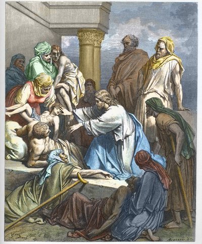 Jézus guerit les malades - Jézus betegeket gyógyít - - Gustave Dore (1832-1883) "" The Bible illustree"-be vésve - Metszet a Dore Bibliából" alkotó: Gustave Dore