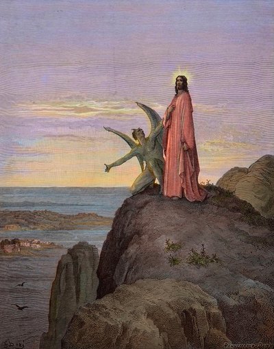 Jézus a sivatagban, kitéve az ördög kísértésének - Krisztus megkísértése - Sátán megkísértette Jézust - Gustave Dore metszet - későbbi színezés alkotó: Gustave Dore