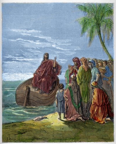 Jézus prédikál a Genezáret-tavon (Genesareth, Ginosar vagy Kinneret) (Tiberiad-tó) (Galileai-tenger) - Jézus prédikál a Galileai-tengernél - - Gustave Dore (1832-1883) „Biblia illusztrációja” vésése - Metszet a „ "A Dore Biblia" alkotó: Gustave Dore