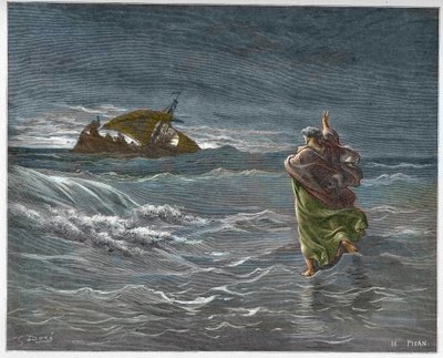 Jézus a Tiberiade-tó vizén sétál - Jézus sétál a tengeren (vízen) - Gustave Dore (1832-1883) "" The Bible illustree"-be vésve - Metszet a "" The Dore Bibliából"" alkotó: Gustave Dore