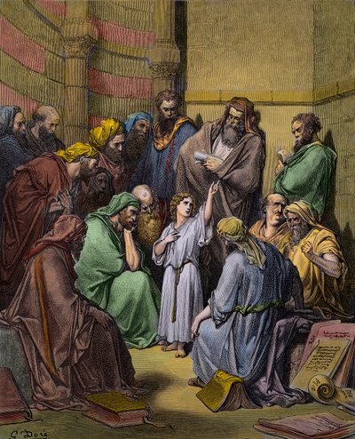 Jézus az orvosokkal a templomban - Jézus a templomban az orvosok között - Gustave Dore (1832-1883) metszet - későbbi színezés alkotó: Gustave Dore