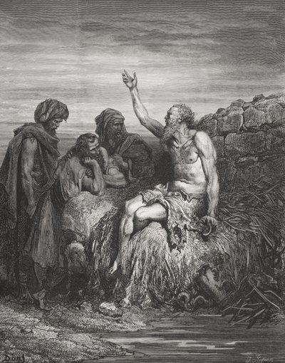 Jób és barátai, Jób 6:1-4, illusztráció Dore „The Holy Bible” című művéből, J. Regnier metszete, 1866 alkotó: Gustave Dore