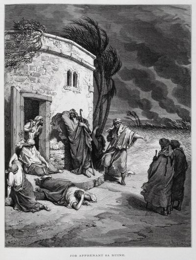 Jób felfogja a vesztét, Illusztráció a Dore Bibliából alkotó: Gustave Dore