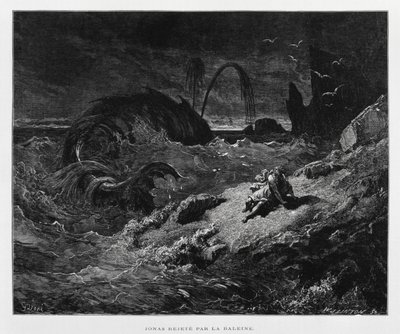 Jónást a szárazföldre dobja a bálna, Illusztráció a Dore Bibliából alkotó: Gustave Dore