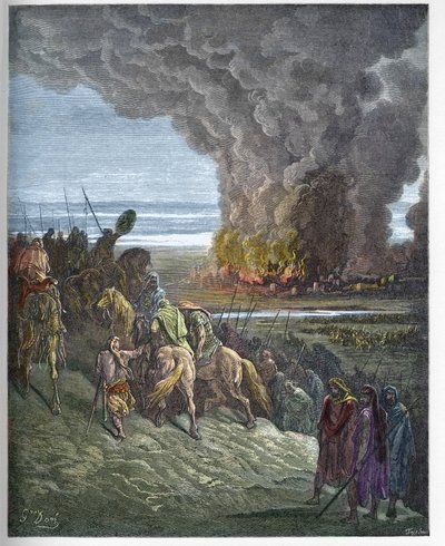 Joshua felégeti Ai városát - Josue Ai (Hai) város meghódítása (Josue Book to Flames of Ai City) - metszet Gustave Dore (1832-1883) „Biblia illusztrációjába” - Metszet innen „A Dore Biblia” alkotó: Gustave Dore