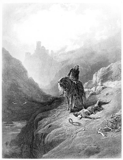 Arthur király felfedezi a testvérek csontvázait, illusztráció Alfred Tennyson "A király idilljei"-ből (litográfia) alkotó: Gustave Dore