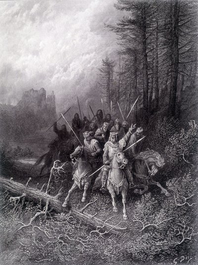 Arthur király a Broceliande-erdőben (A Kerekasztal Lovagjainak ciklusa) – Alfred Tennyson „” Viviane” című művében, G. Doré illusztrációja alkotó: Gustave Dore