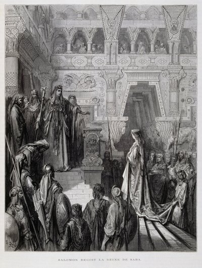 Salamon király fogadja Sába királynőjét, Illusztráció a Dore Bibliából alkotó: Gustave Dore