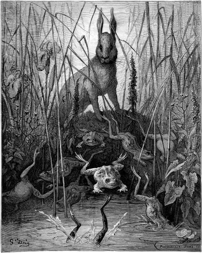 Le hare et les békák: Jean de la Fontaine meséje, Gustave Dore illusztrációi - A nyúl és a békák - alkotó: Gustave Dore