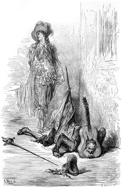 Leandre éppen egy gitárt tört Matamore fején, illusztrációja a „Fracass kapitány”-nak. alkotó: Gustave Dore