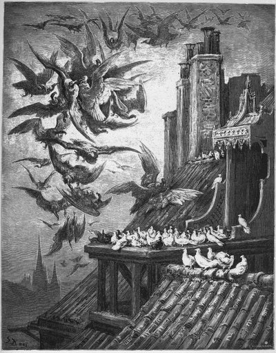 A keselyűk és a galambok – Jean de La Fontaine meséiből alkotó: Gustave Dore