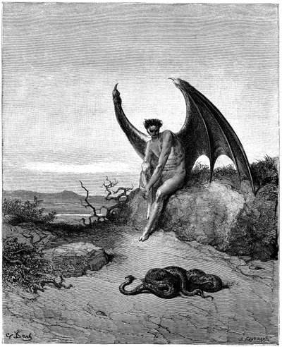 Lucifer (Sátán, dechu angyal, a mennyből a Földre esett) találkozik a kígyóval. Gustave Dore illusztrációja John Milton (1608-1674) "Elveszett Paradicsom" című művéhez. Metszet 1866-ból. Magángyűjtemény alkotó: Gustave Dore