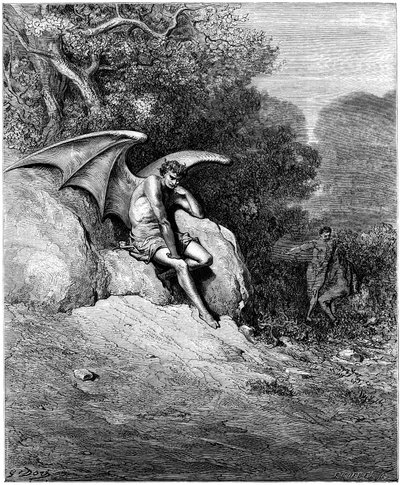 Lucifer (Sátán, dechu angyal, leesett a mennyből a Földre) Ádám és Éva perverziójával reflektált. Gustave Dore illusztrációja John Milton (1608-1674) "Elveszett Paradicsom" című művéhez. Metszet 1866-ból. Magángyűjtemény alkotó: Gustave Dore